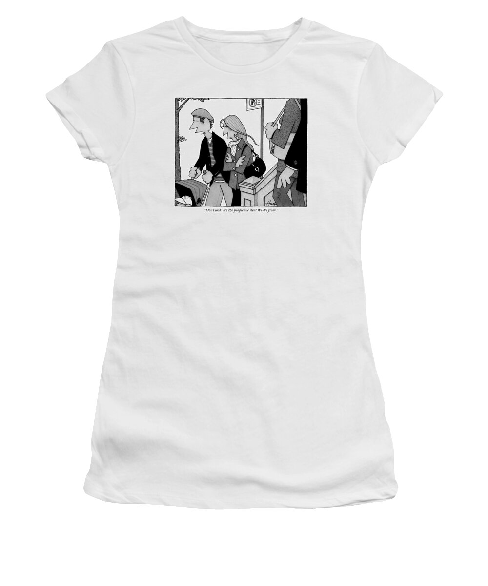 Steal Women's T-Shirt featuring the drawing A Family Walks By Another Family And Avoids Them by William Haefeli