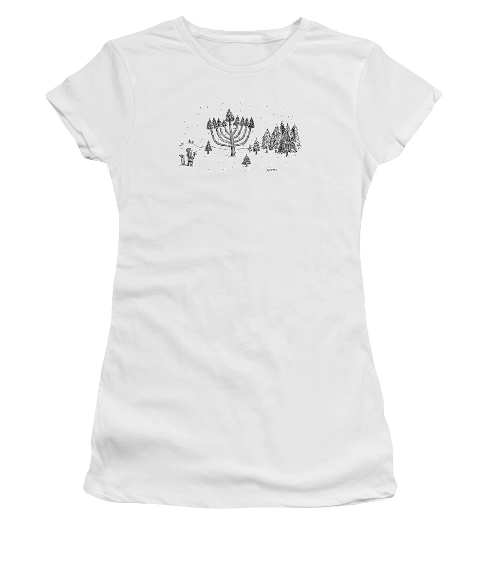 Christmas Women's T-Shirt featuring the drawing A Father And Child See A Menorah-shaped Christmas by David Sipress