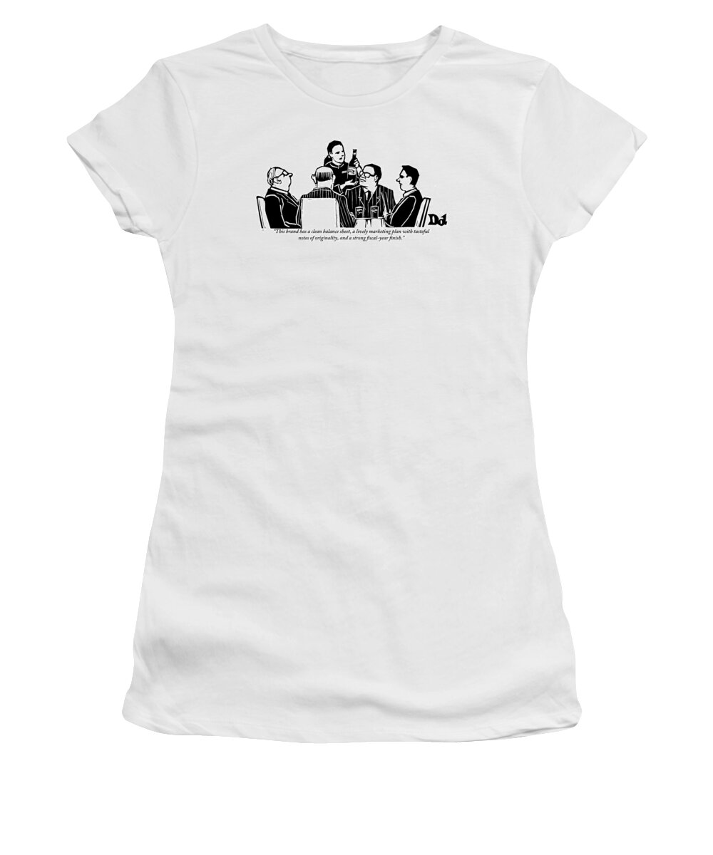 Businessmen Women's T-Shirt featuring the drawing A Female Sommelier Presents A Bottle Of Wine by Drew Dernavich