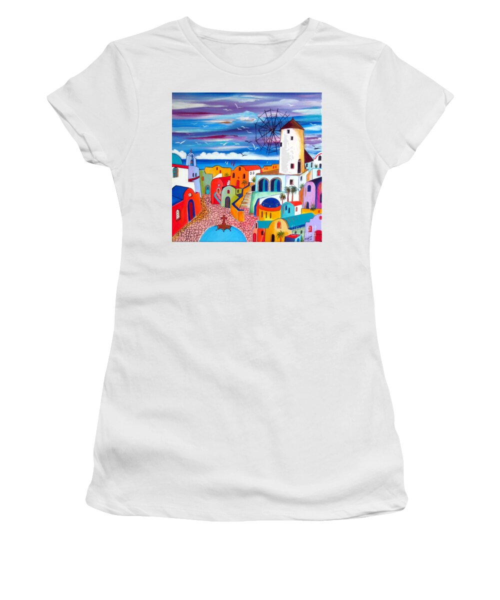 Greece Women's T-Shirt featuring the painting A Greek Mill and the colors of Oia Santorini by Roberto Gagliardi