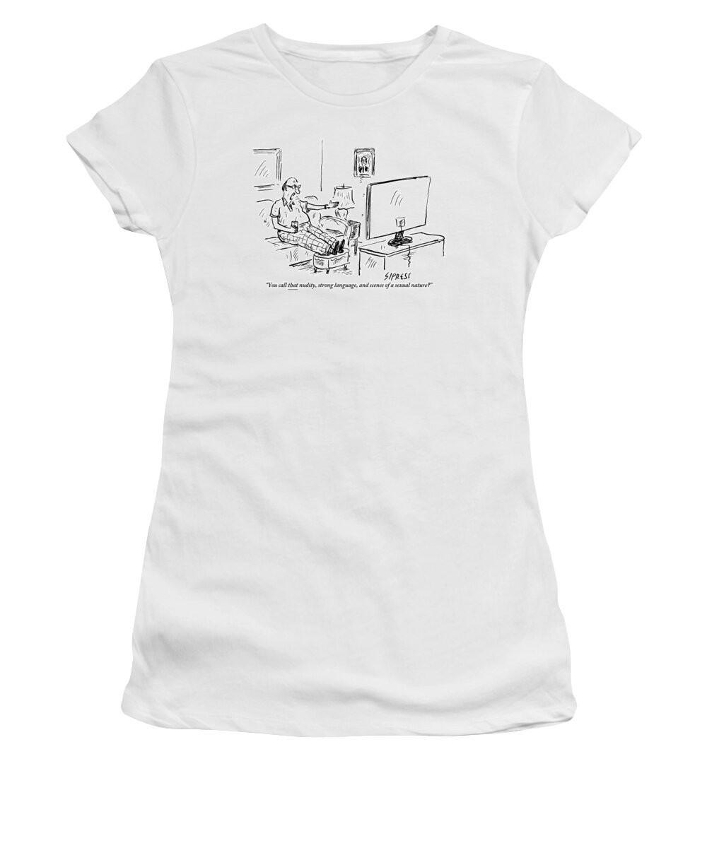 Tv Women's T-Shirt featuring the drawing A Grumpy, Bald Man Points An Accusatory Finger by David Sipress