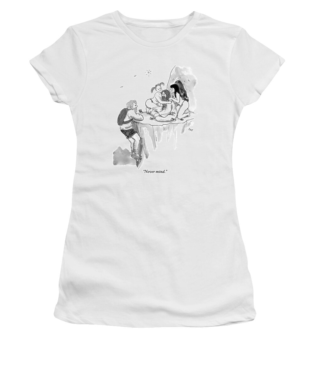 Never Mind. Guru Women's T-Shirt featuring the drawing A Guru Is Sitting Outside A Cave With Two Naked by Carolita Johnson