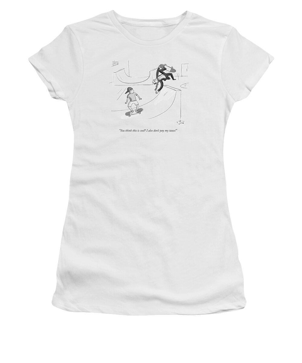 Skateboard Women's T-Shirt featuring the drawing A Guy In A Suit Does A Flip On A Skateboard by Farley Katz