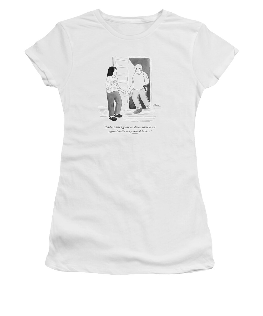 Superintendent Women's T-Shirt featuring the drawing A Handyman Comes Up The Stairs From A Basement by Emily Flake