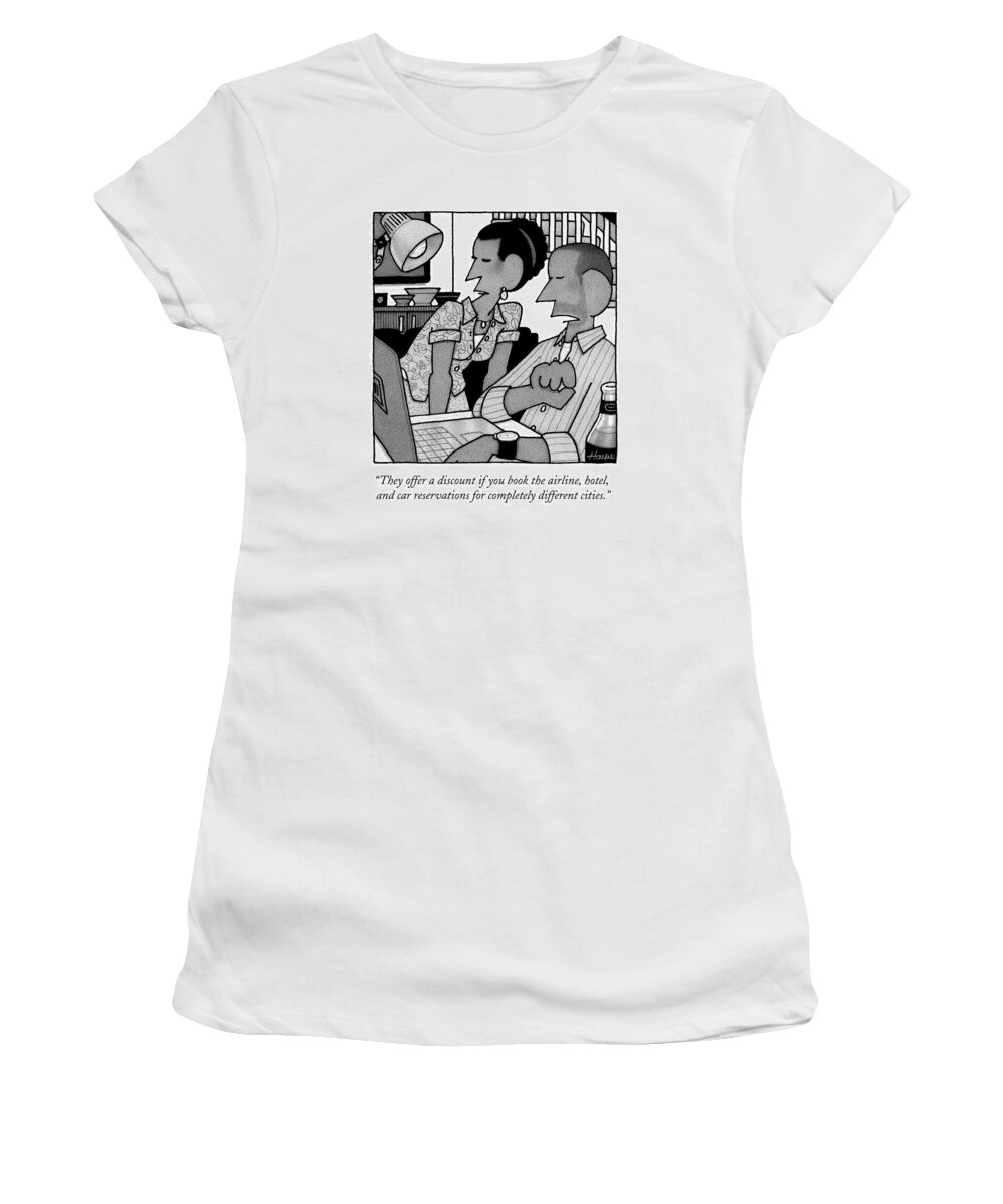 Booking Travel Women's T-Shirt featuring the drawing A Husband And Wife Look At The Computer by William Haefeli