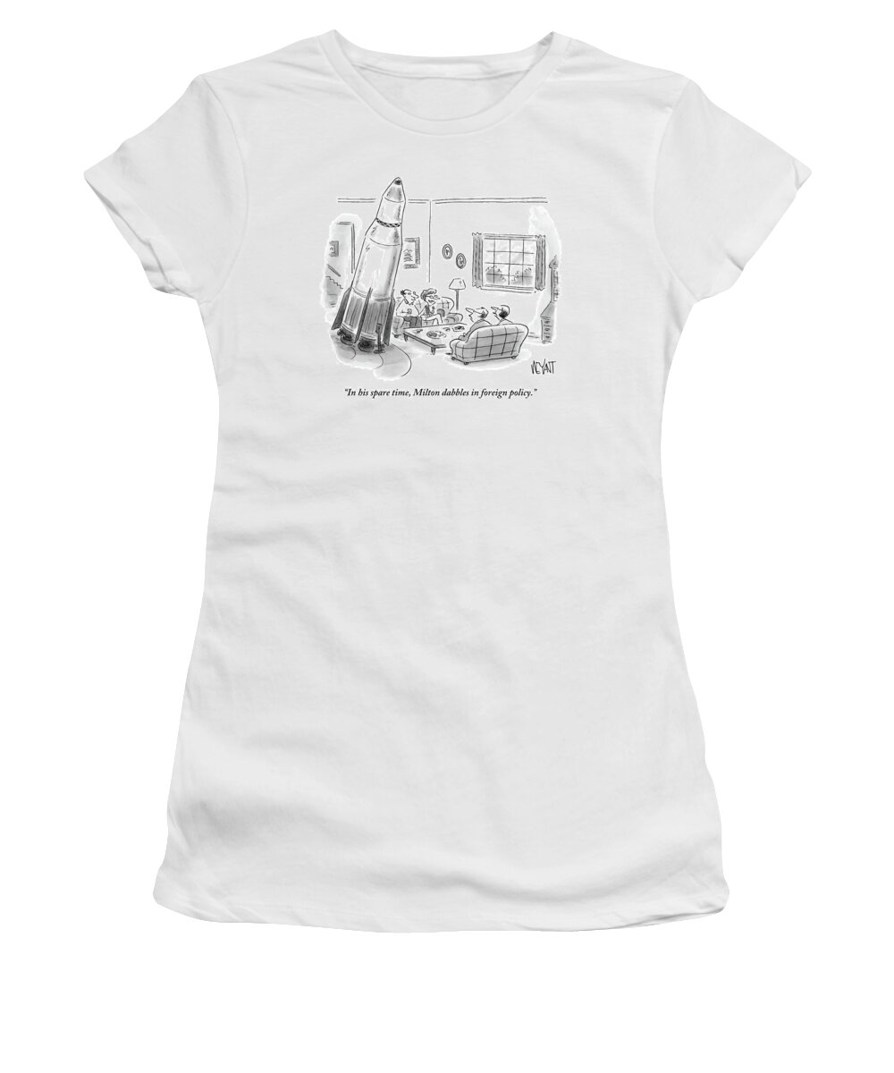 Foreign Policy Women's T-Shirt featuring the drawing A Large Rocket Sits Prominently In The Living by Christopher Weyant