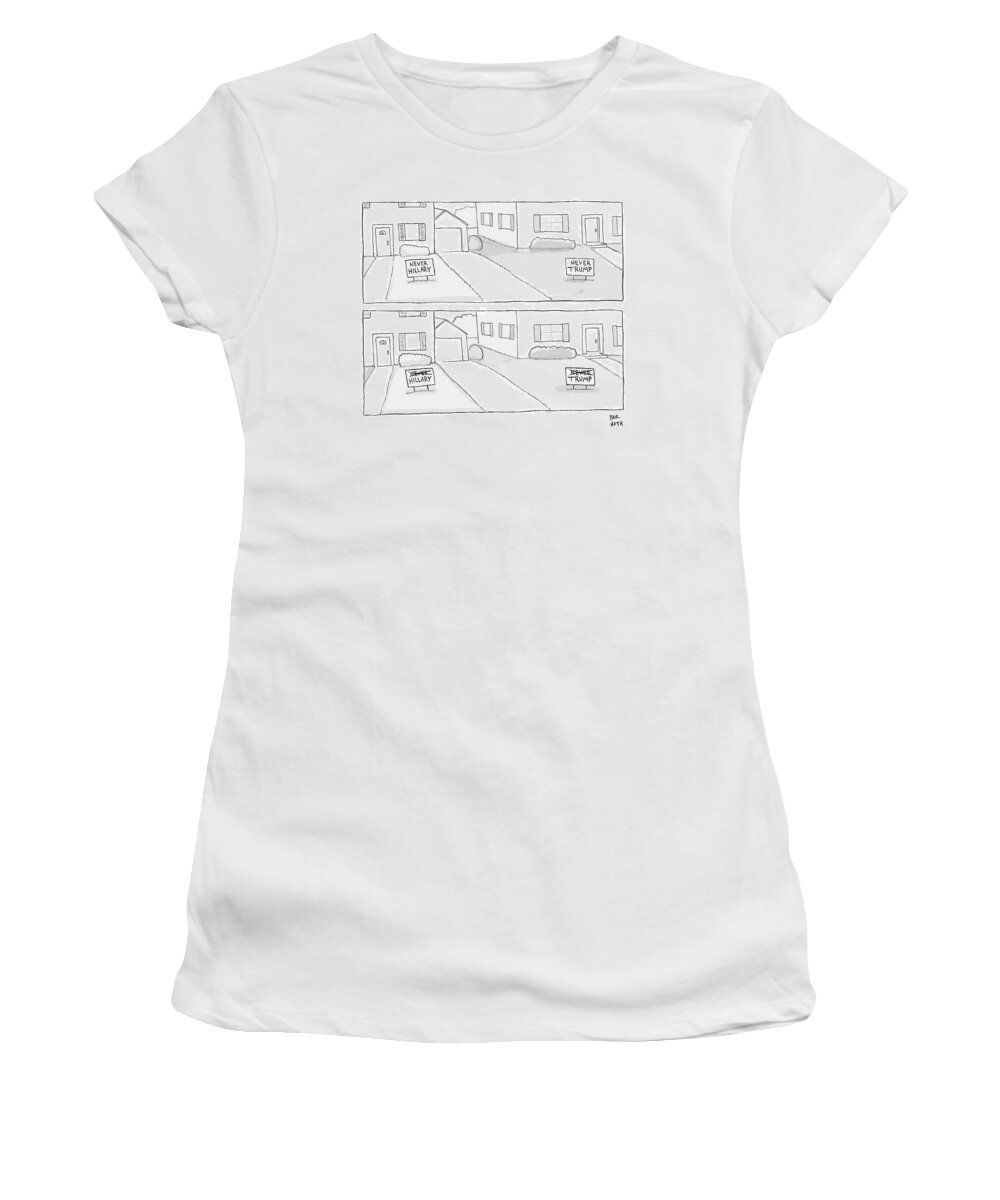 Never Hillary Women's T-Shirt featuring the drawing A Lawn With A Never Hillary Sign And A Lawn by Paul Noth