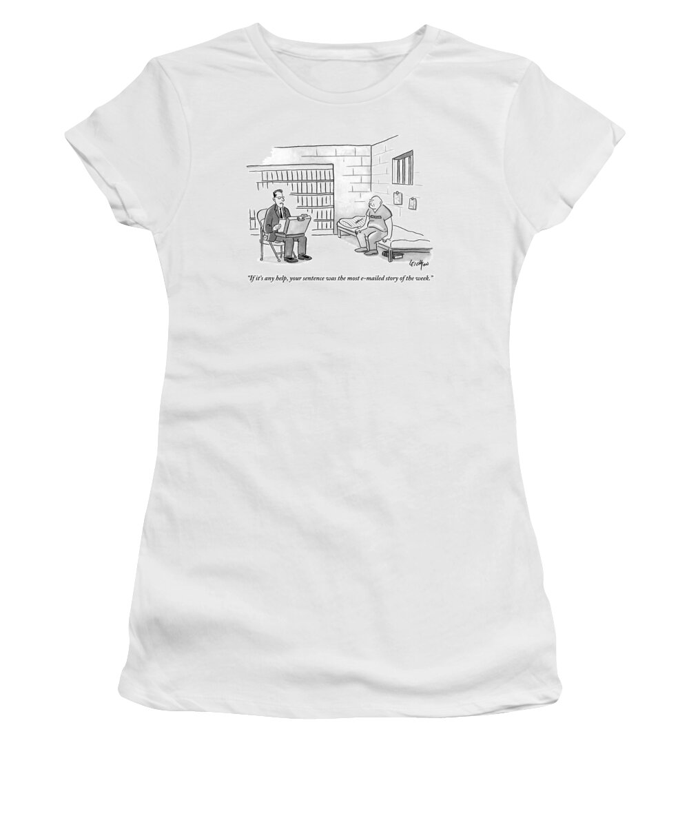 Popular Women's T-Shirt featuring the drawing A Lawyer Says To An Inmate. They Are Sitting by Robert Leighton
