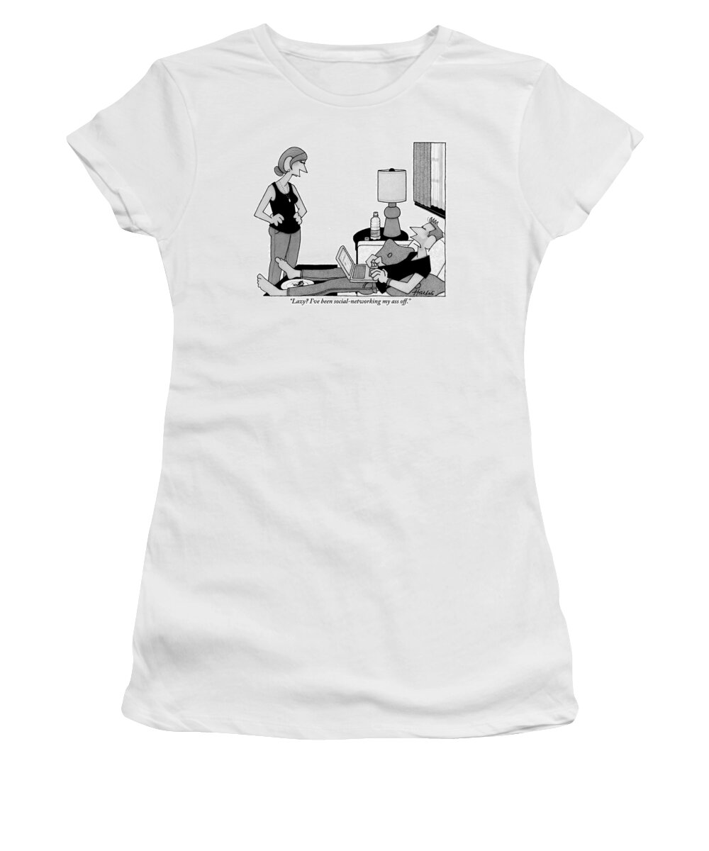 Couch Women's T-Shirt featuring the drawing A Lazy Husband On A Couch Speaks by William Haefeli