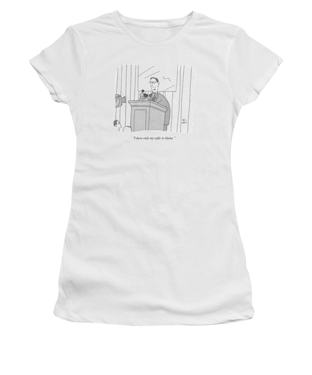 Politics Women's T-Shirt featuring the drawing A Male Politician Speaks At A Press Conference by Peter C. Vey