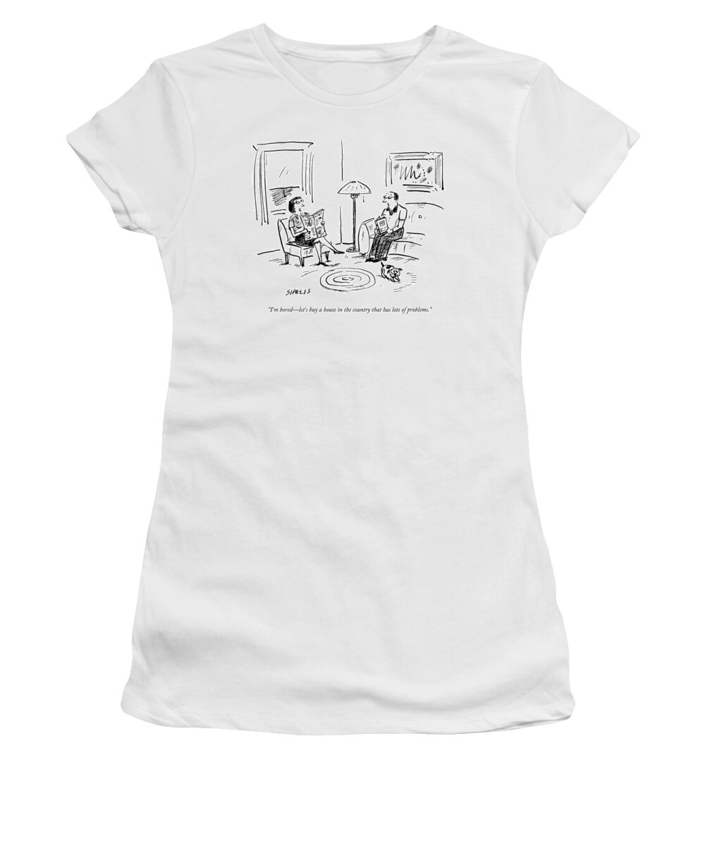 Flip Women's T-Shirt featuring the drawing A Man And A Woman Talk In Their Living Room by David Sipress