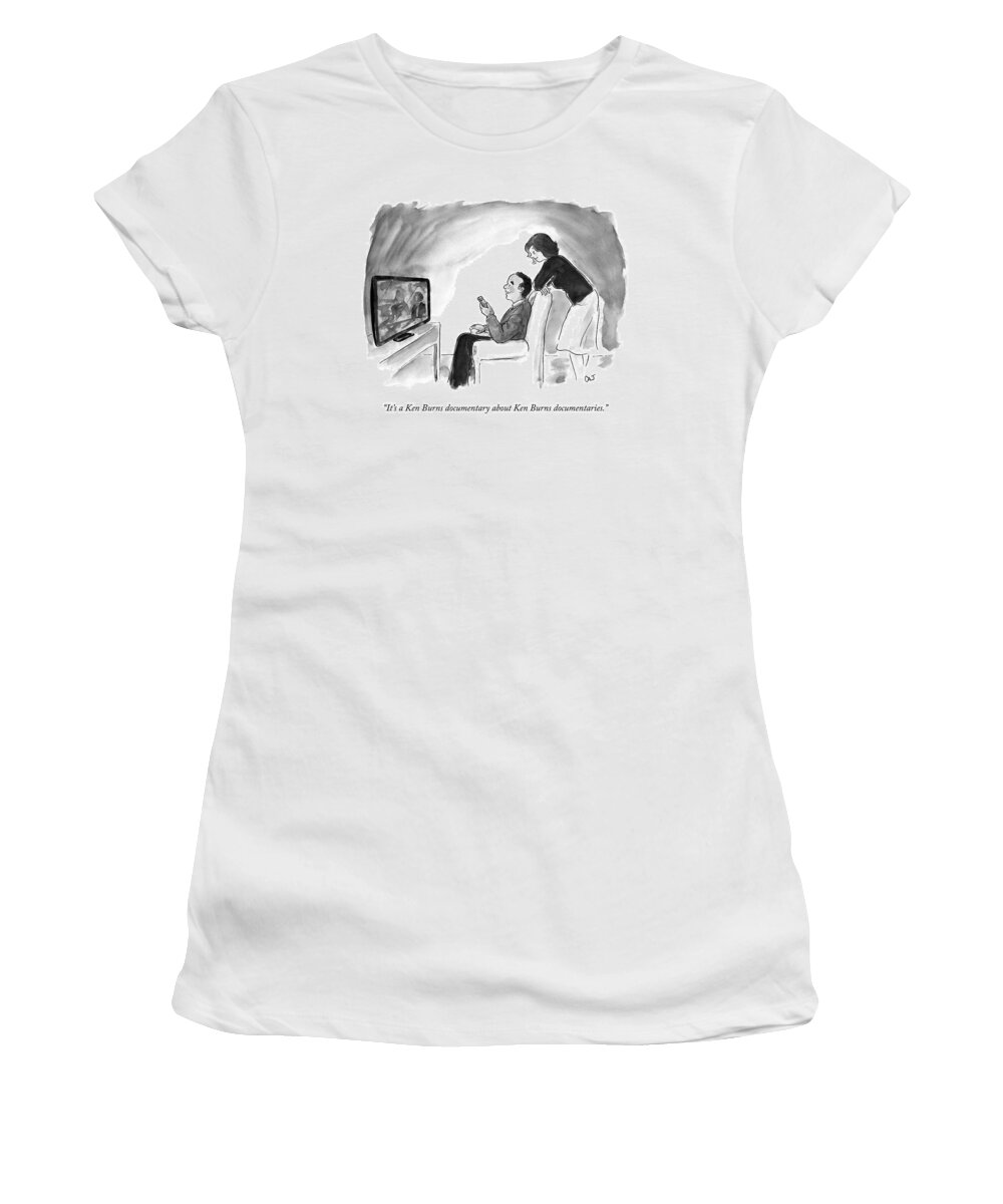 Ken Burns Women's T-Shirt featuring the drawing A Man And Wife Watch Television by Carolita Johnson