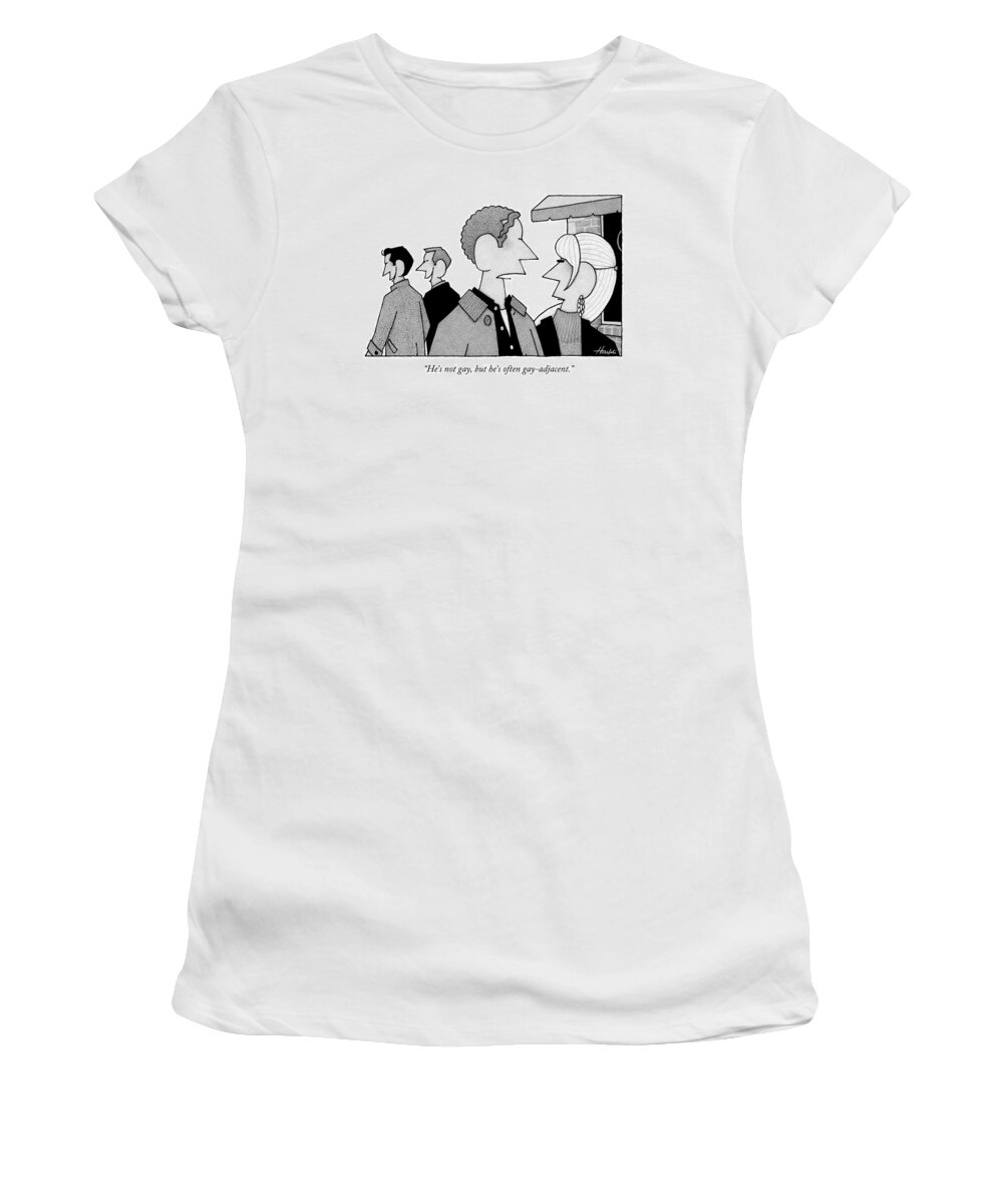 Gay Women's T-Shirt featuring the drawing A Man And Woman Speak While Two Men Talk by William Haefeli