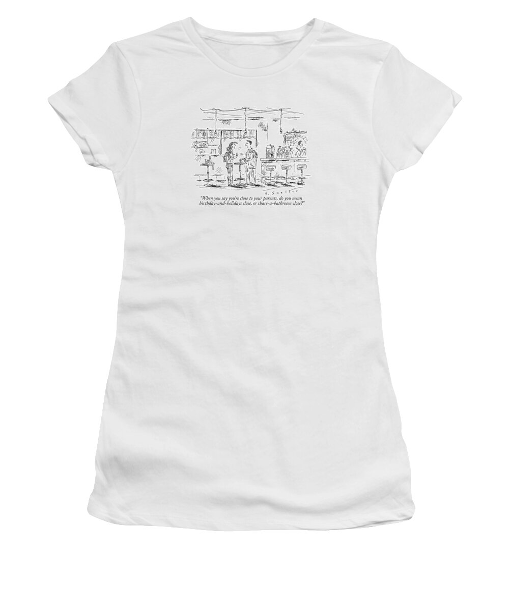 Family Women's T-Shirt featuring the drawing A Man And Woman Stand At A Table In A Bar by Barbara Smaller