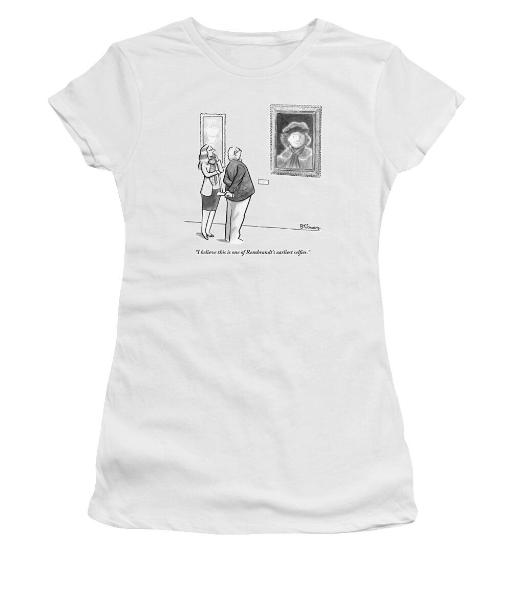 Internet Slang Women's T-Shirt featuring the drawing A Man And Woman Stand In A Museum Looking by Benjamin Schwartz