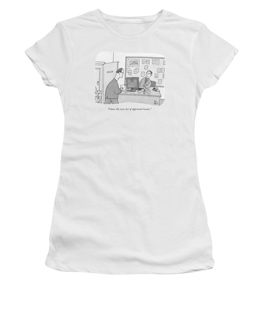 Office Women's T-Shirt featuring the drawing A Man Approaches His Coworker Who Is Seated by Peter C. Vey