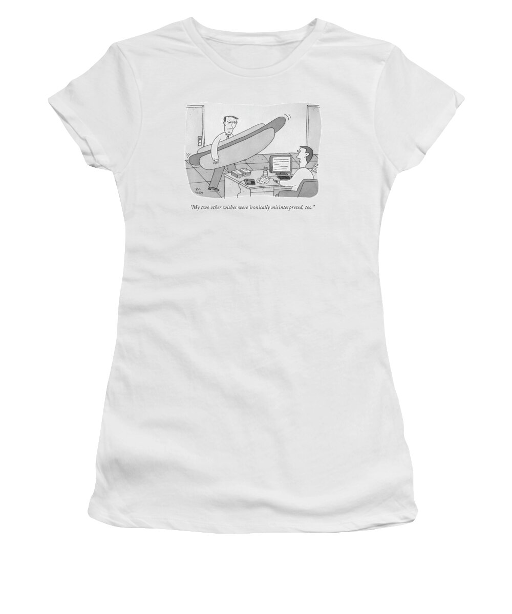 Hot Dog Women's T-Shirt featuring the drawing A Man Carrying A Giant Hot Dog Speaks To Another by Peter C. Vey