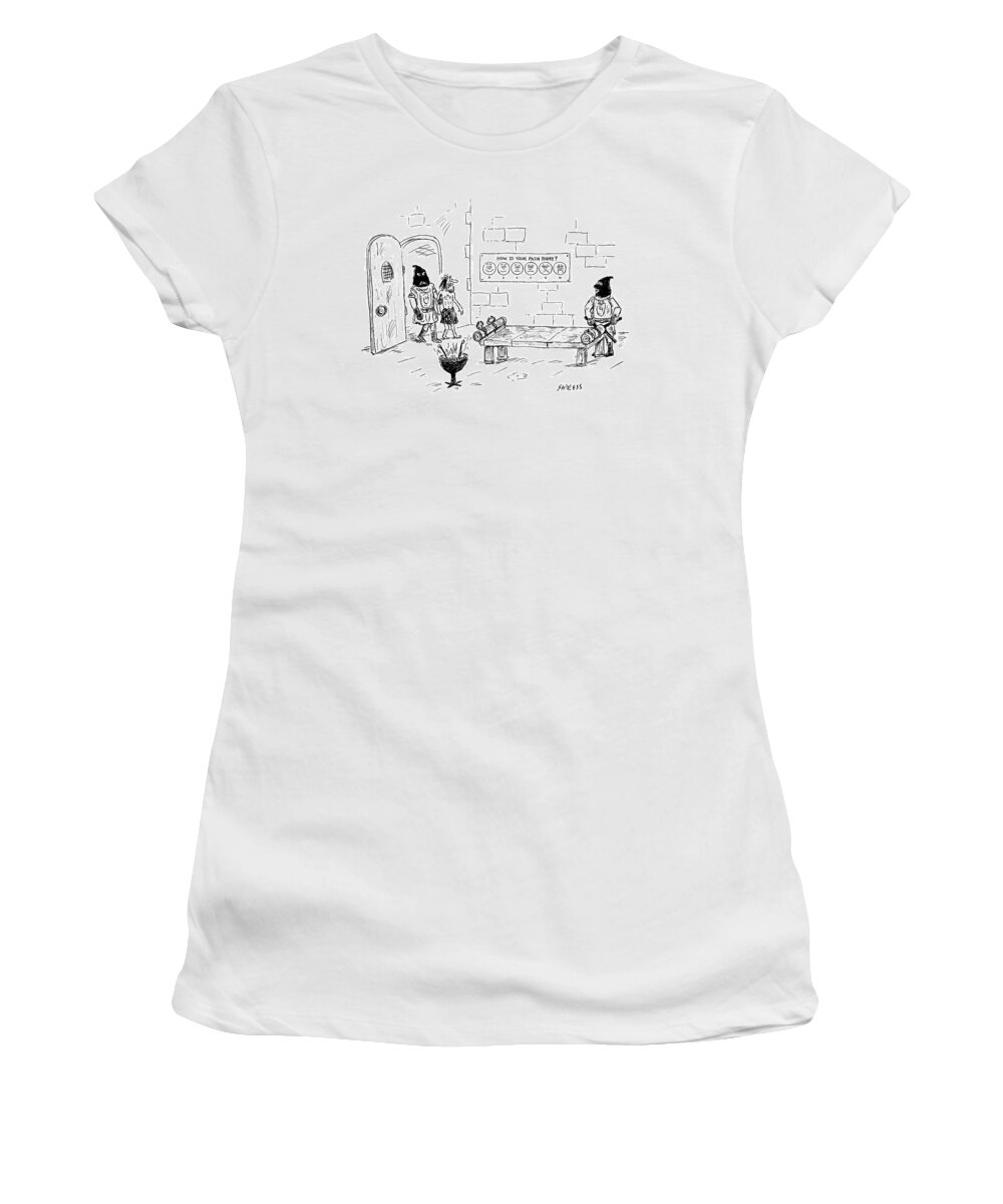 Captionless Medieval Women's T-Shirt featuring the drawing A Man Enters A Medieval Torture Chamber To See by David Sipress