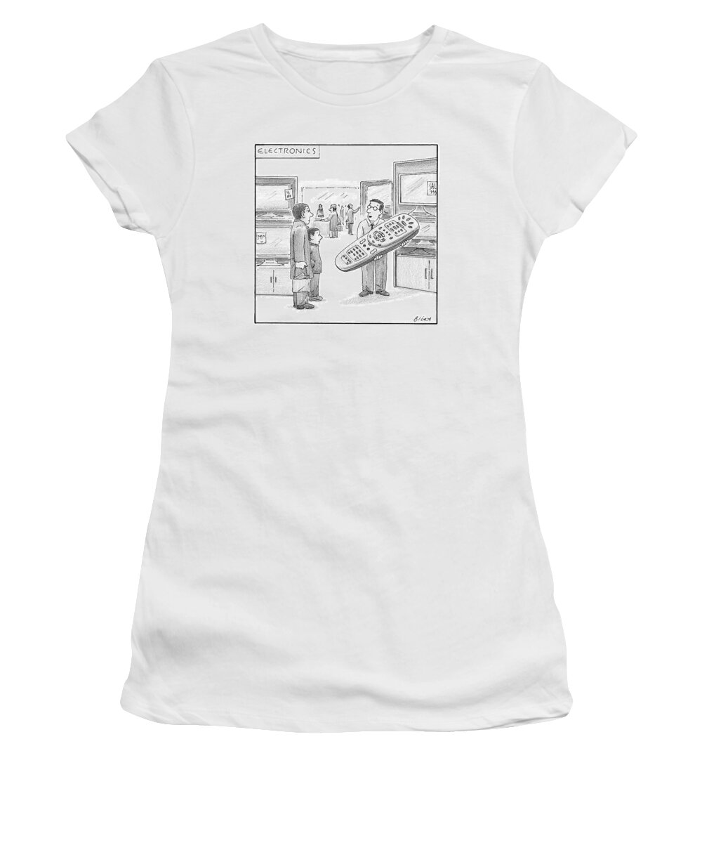 Cctk Women's T-Shirt featuring the drawing A Man In An Electronics/tv Store Shows A Customer by Harry Bliss