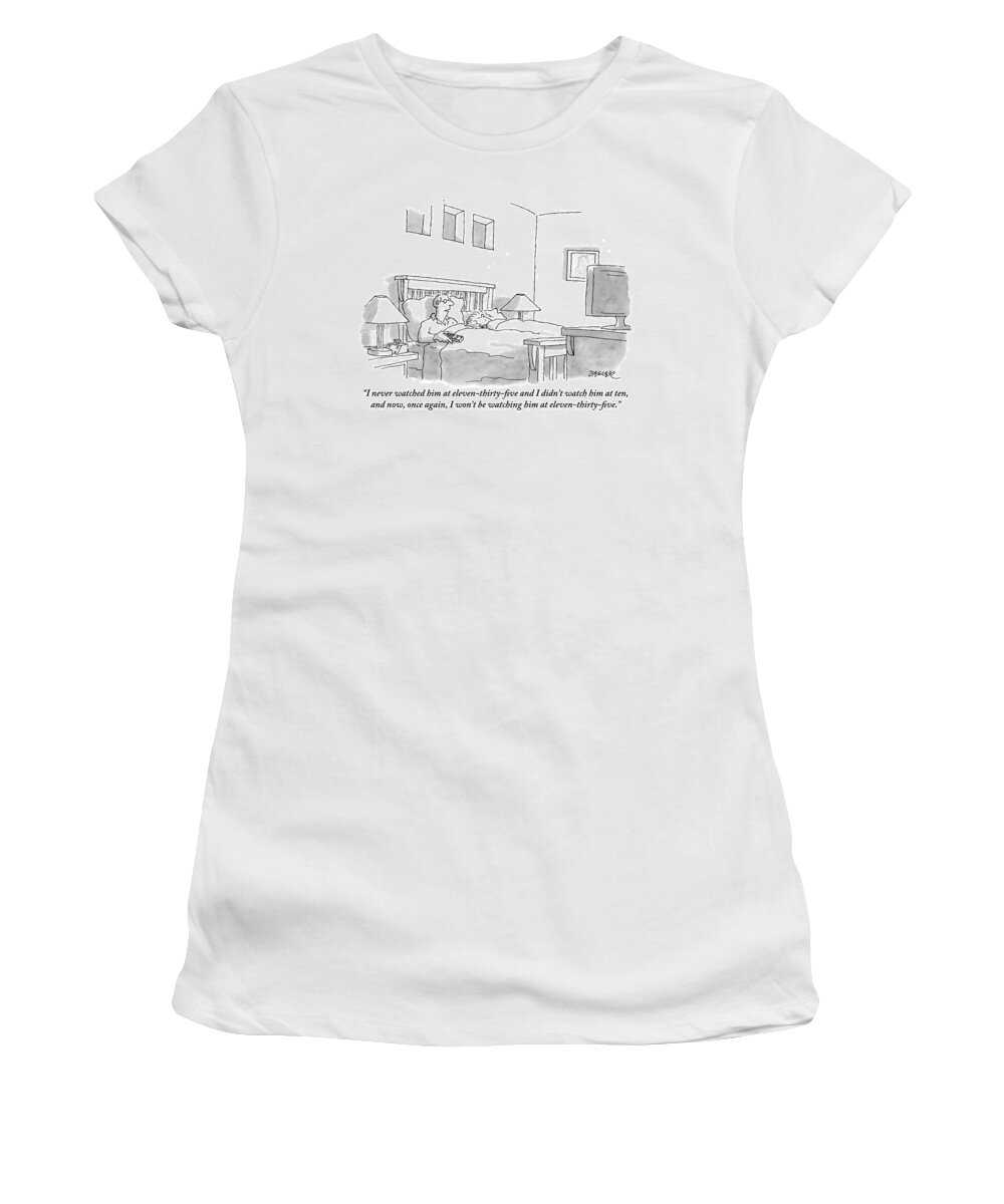 Late Night Tv Women's T-Shirt featuring the drawing A Man In Bed Watches Late Night Tv Refers To Jay by Jack Ziegler