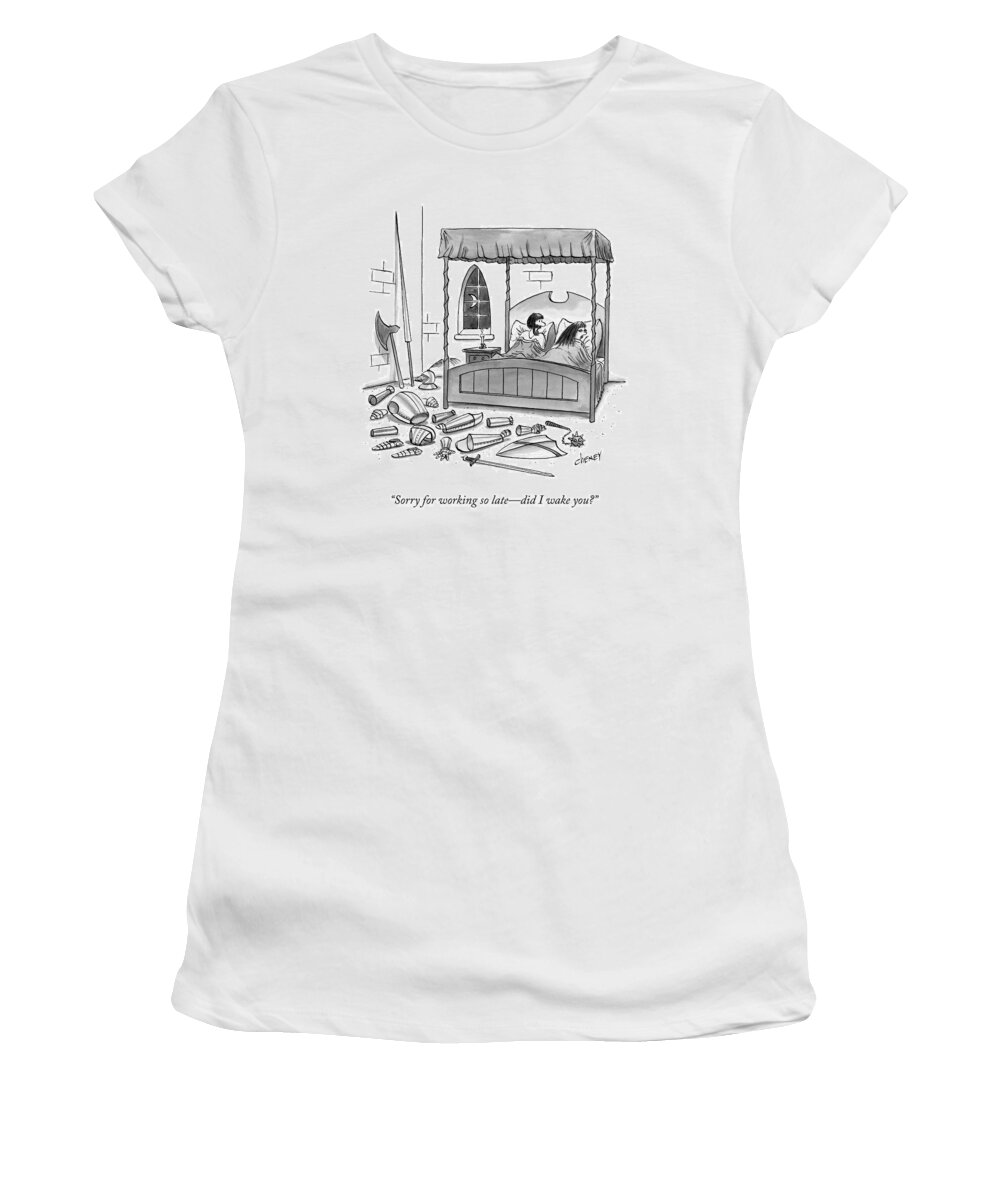 Loud Noises Women's T-Shirt featuring the drawing A Man, In Bed With His Wife, Speaks To Her by Tom Cheney
