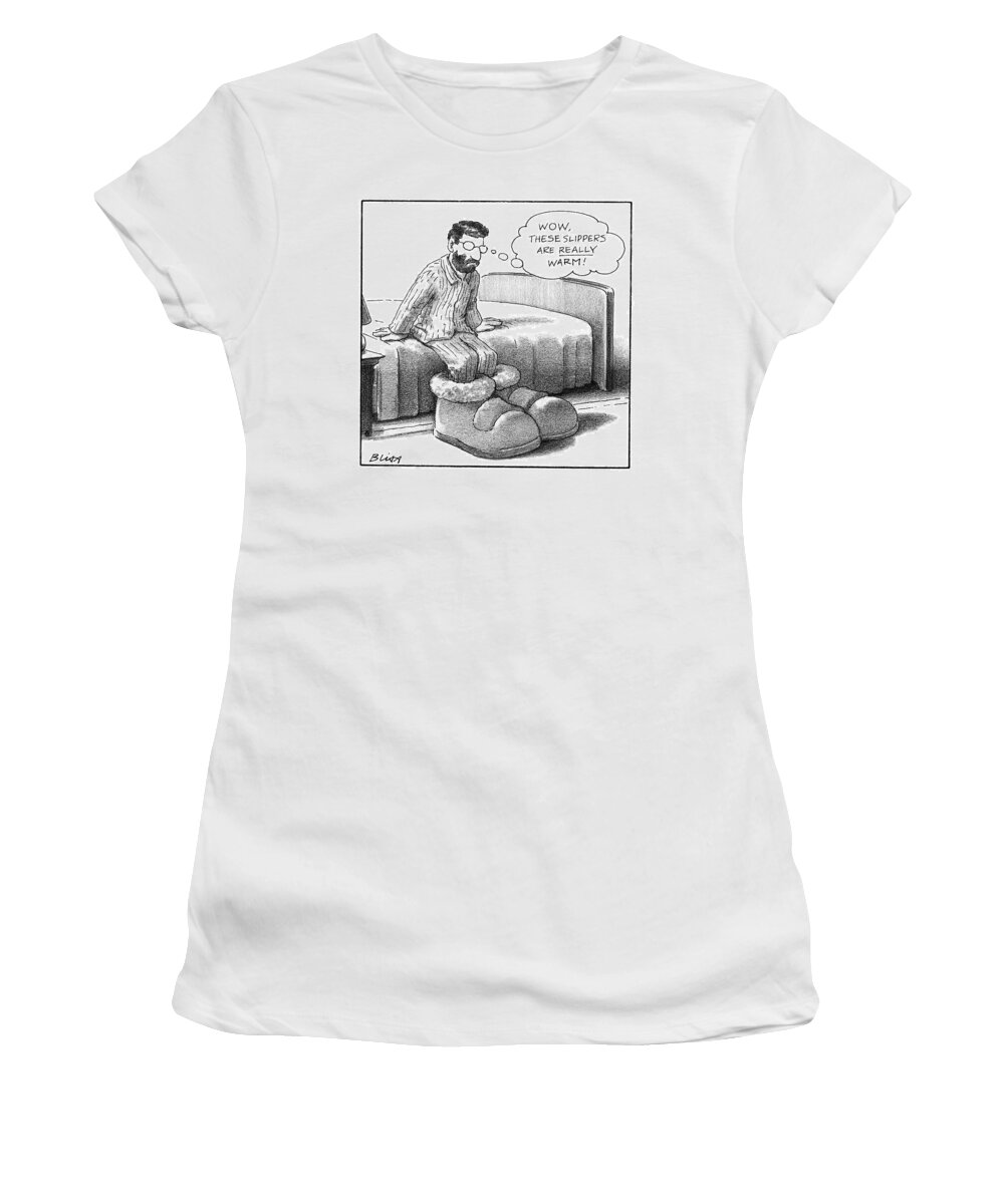Slippers Women's T-Shirt featuring the drawing A Man In Pajamas Stepping Out Of Bed Remarks by Harry Bliss