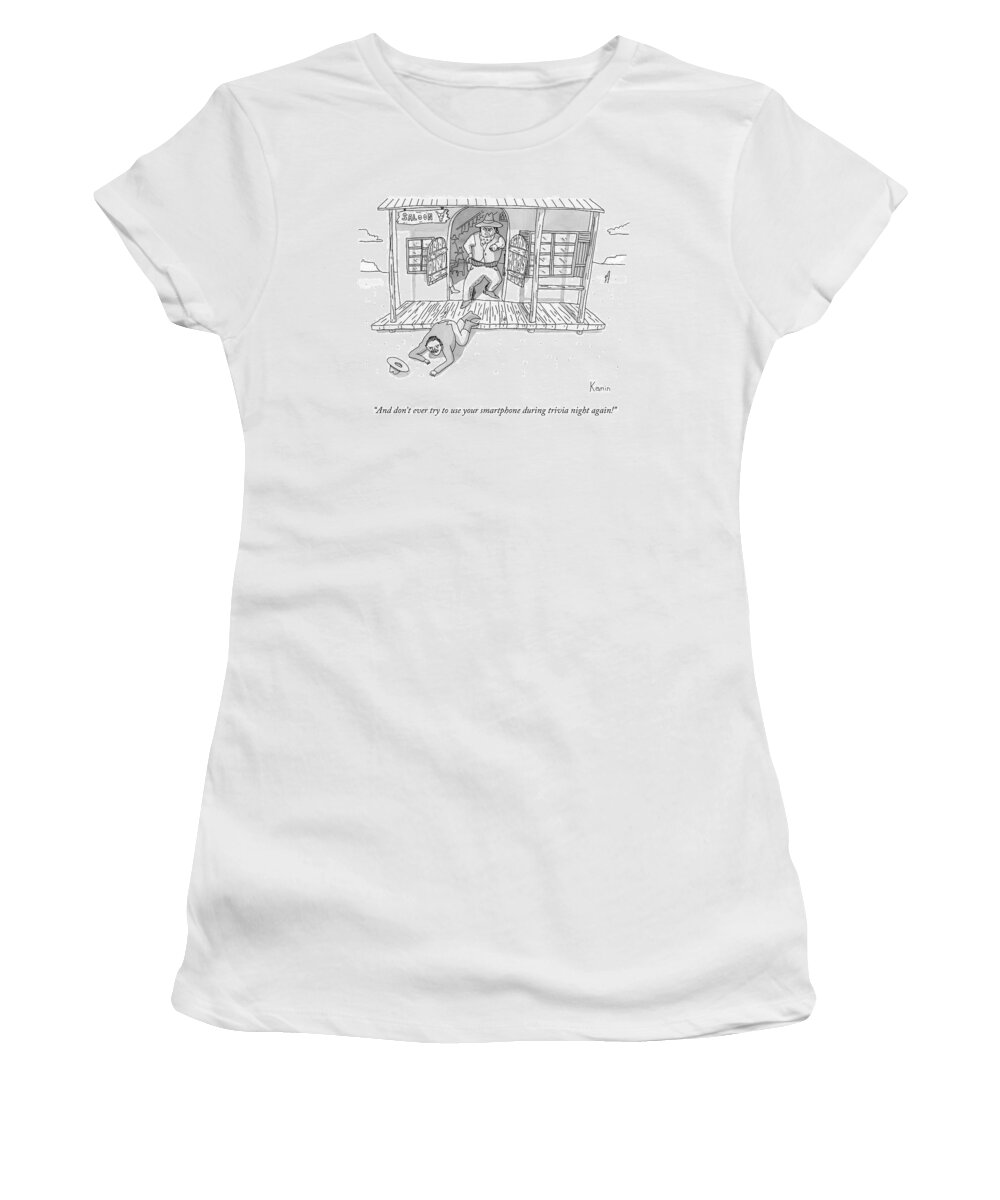 Smartphone Women's T-Shirt featuring the drawing A Man Is Crawling Out Of A Saloon by Zachary Kanin