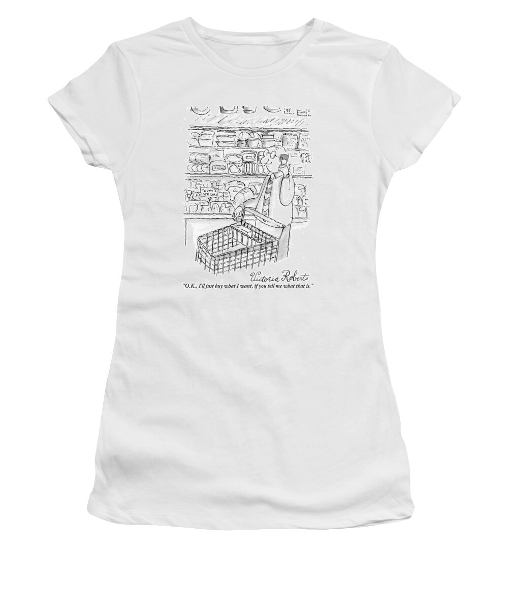 Shopping Women's T-Shirt featuring the drawing A Man Is Seen Pushing A Shopping Cart And Talking by Victoria Roberts