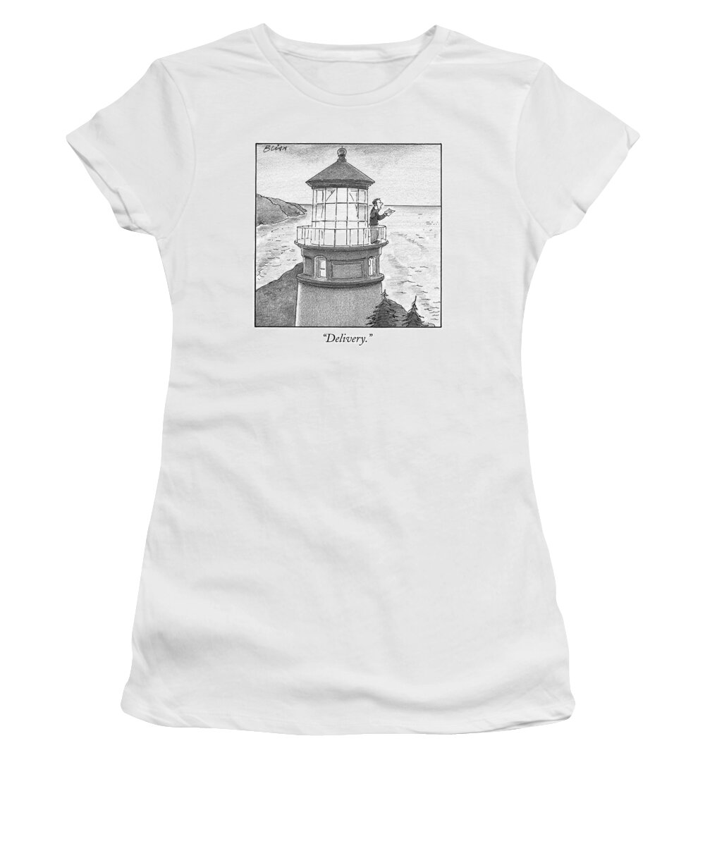 Lighthouses Women's T-Shirt featuring the drawing A Man Is Seen Talking On His Cell Phone Standing by Harry Bliss