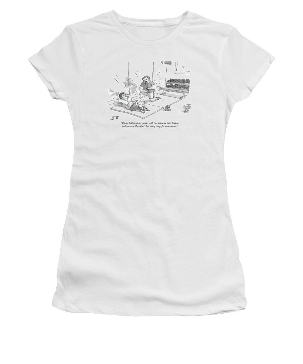 Exercise Women's T-Shirt featuring the drawing A Man Is Struggling To Do Situps While A Personal by Zachary Kanin
