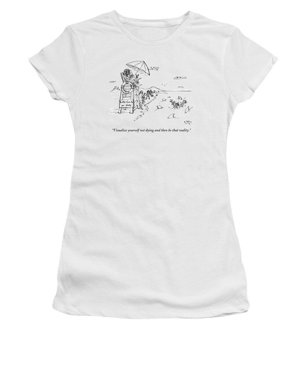 Swim Women's T-Shirt featuring the drawing A Man Is Surrounded By Sharks While Swimming by Farley Katz