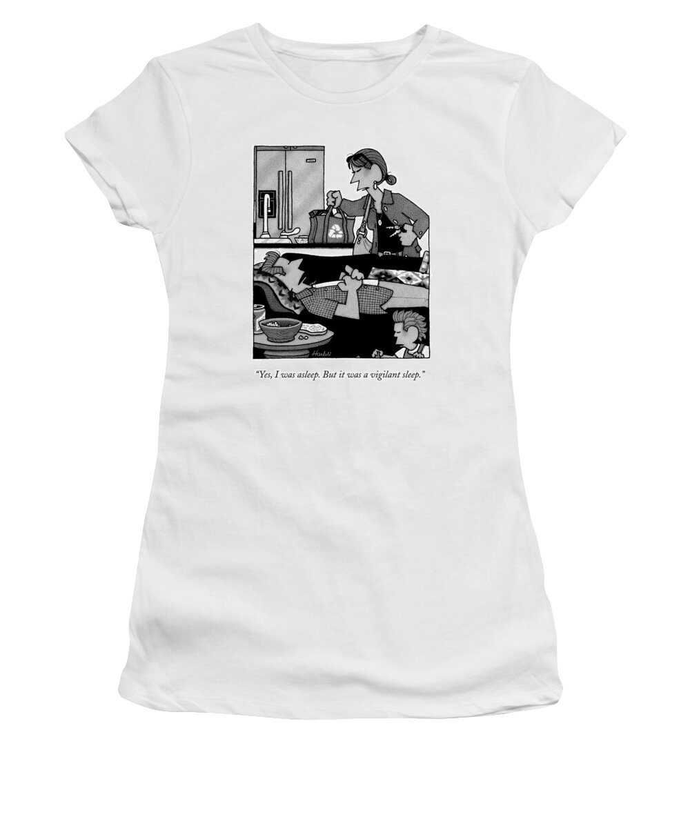 Child-rearing Women's T-Shirt featuring the drawing A Man Laying On A Couch Beside His Son by William Haefeli