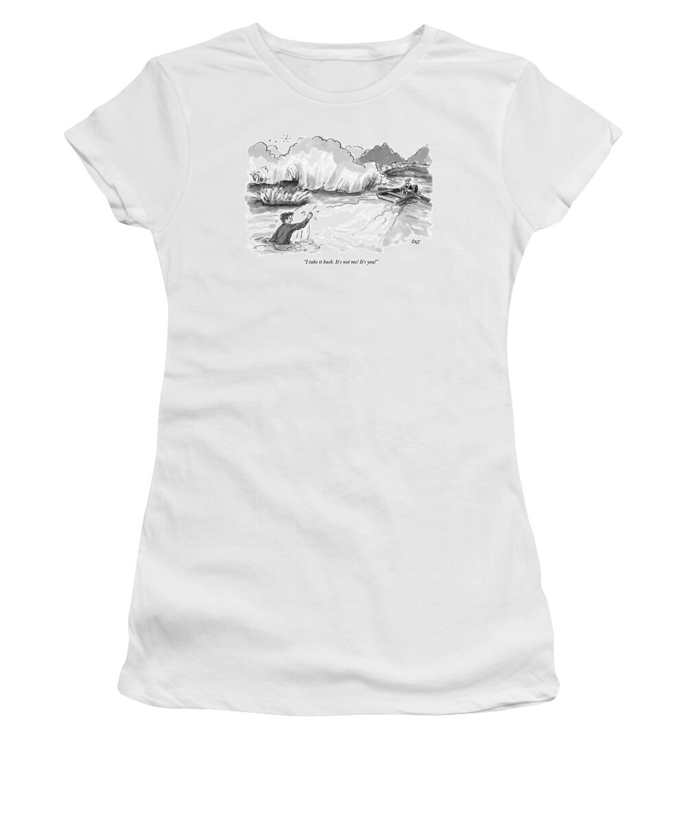 Relationships Women's T-Shirt featuring the drawing A Man Marooned In A Marsh Shouts by Carolita Johnson