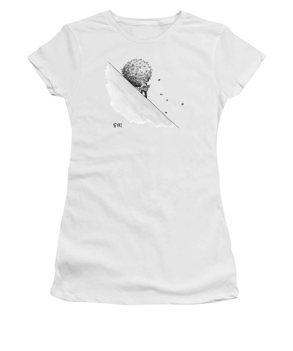 Sisyphus Women's T-Shirt featuring the drawing A Man Rakes Leaves Uphill by Christopher Weyant