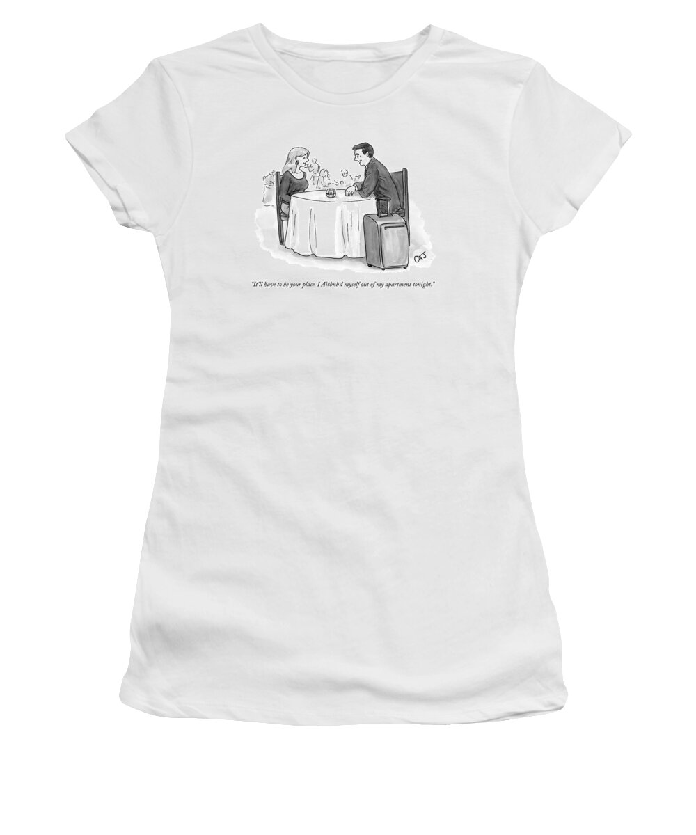 Air B N' B Women's T-Shirt featuring the drawing A Man Speaks To A Woman On A Date At A Restaurant by Carolita Johnson