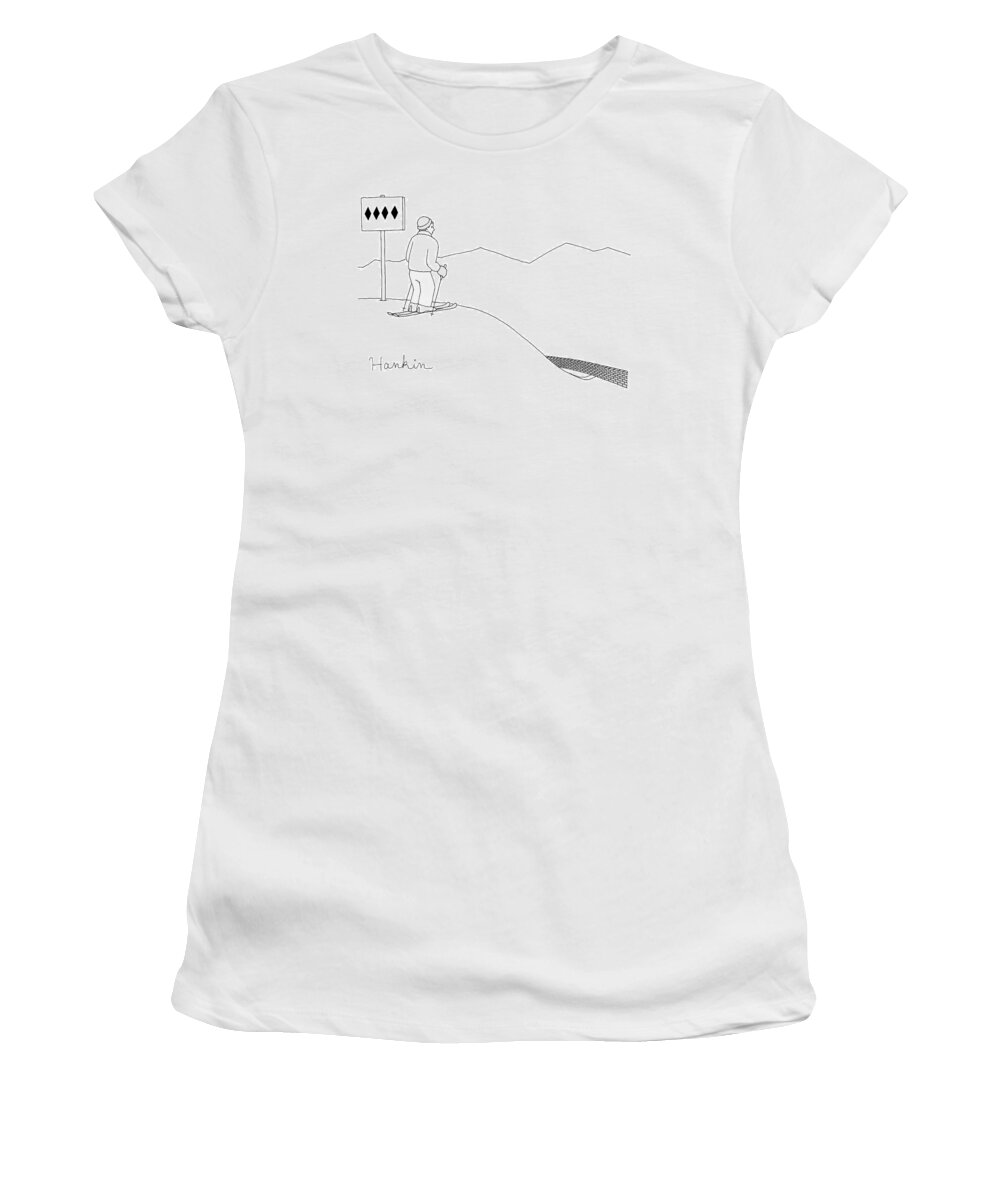 Captionless Women's T-Shirt featuring the drawing A Man Stands At The Top Of A Ski Slope by Charlie Hankin