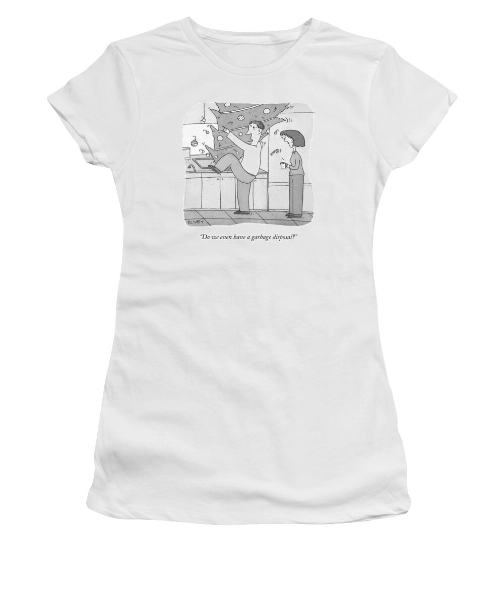 Christmas Women's T-Shirt featuring the drawing A Man Tries To Stuff A Giant Christmas Tree by Peter C. Vey