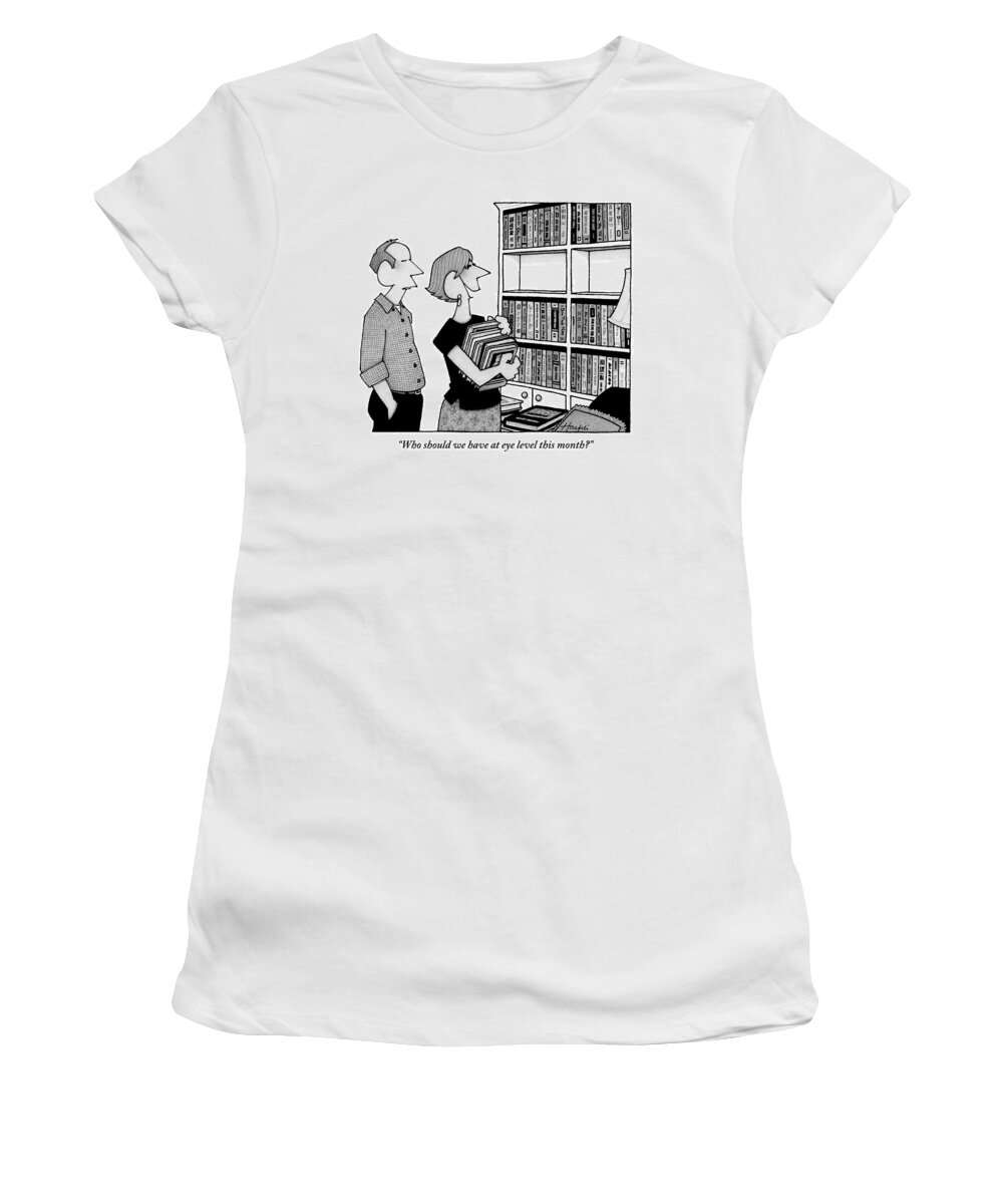 Book Shelves Women's T-Shirt featuring the drawing A Married Couple Reorganizes Their Bookshelf That by William Haefeli