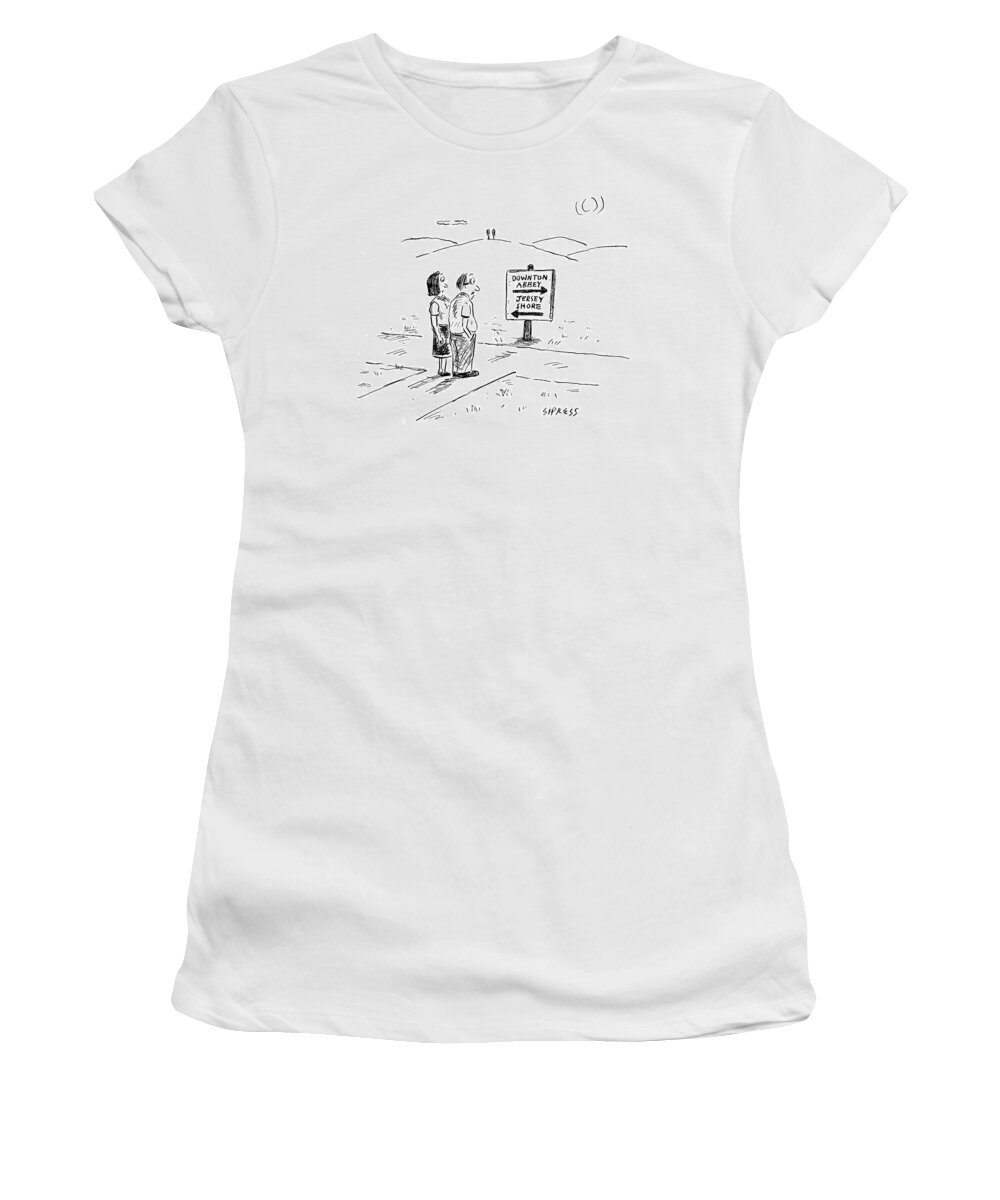 Downton Abbey. Jersey Shore. Tv-reality Women's T-Shirt featuring the drawing A Middle-aged Couple Stand At A Road Sign by David Sipress