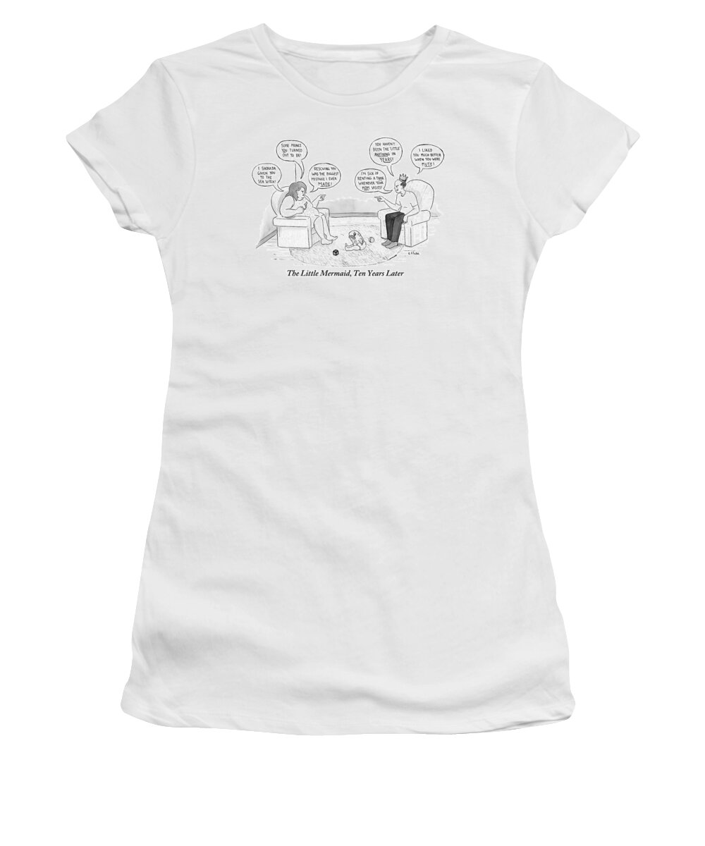 Disney Women's T-Shirt featuring the drawing A Middle Aged Man And Woman Sit Across From Each by Emily Flake