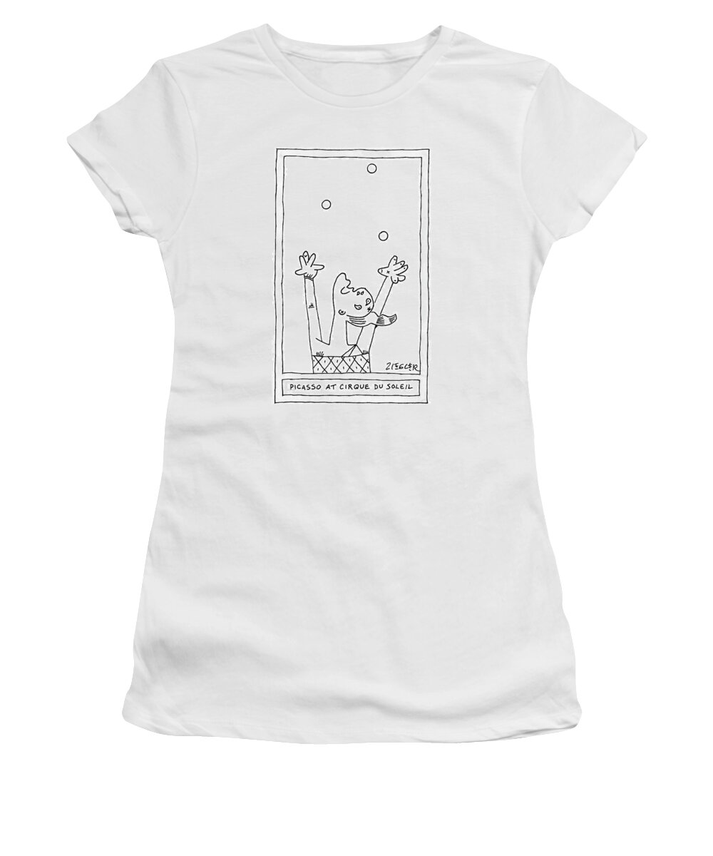 Captionless Women's T-Shirt featuring the drawing A Picasso Painting Parody Of A Deconstructed by Jack Ziegler