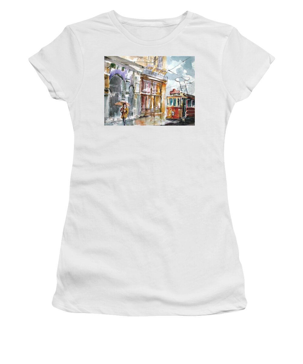 Turkey Women's T-Shirt featuring the painting A Rainy Day in Istanbul by Faruk Koksal