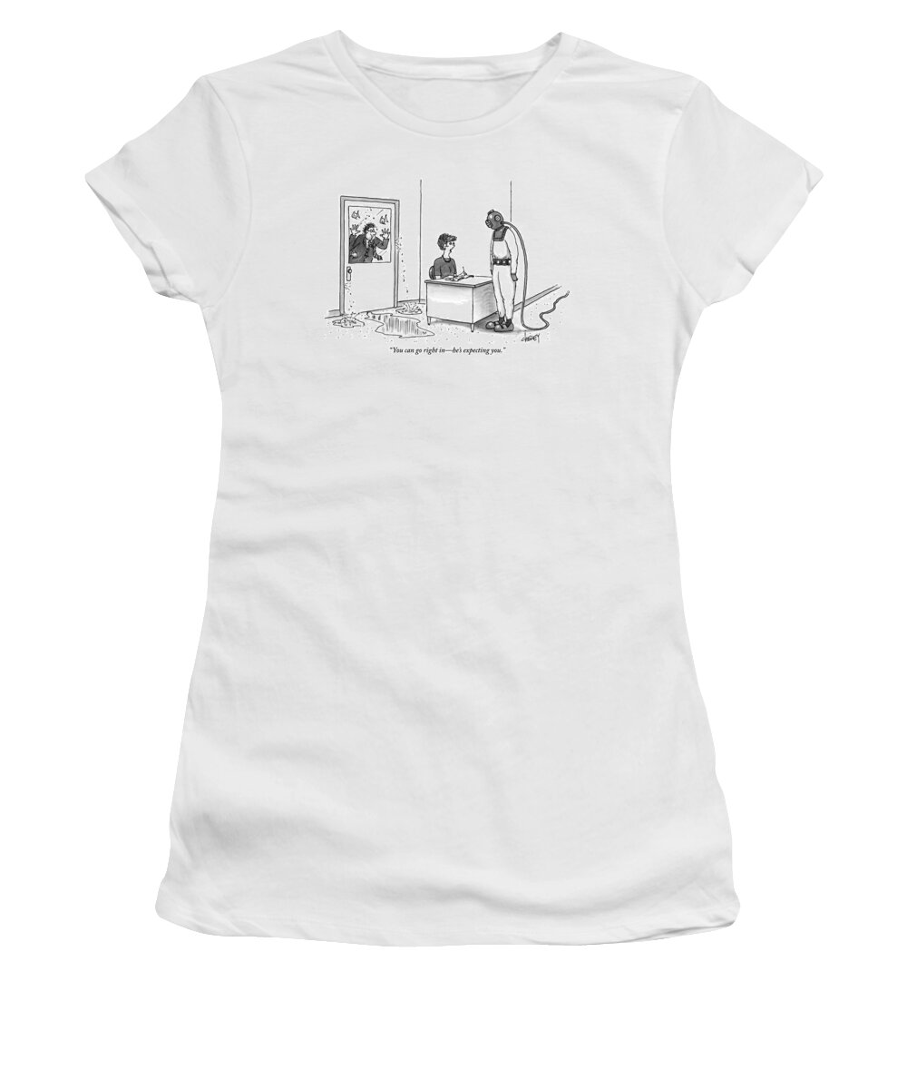 Diving Suits Women's T-Shirt featuring the drawing A Receptionist Addresses A Man In Diving Gear by Tom Cheney