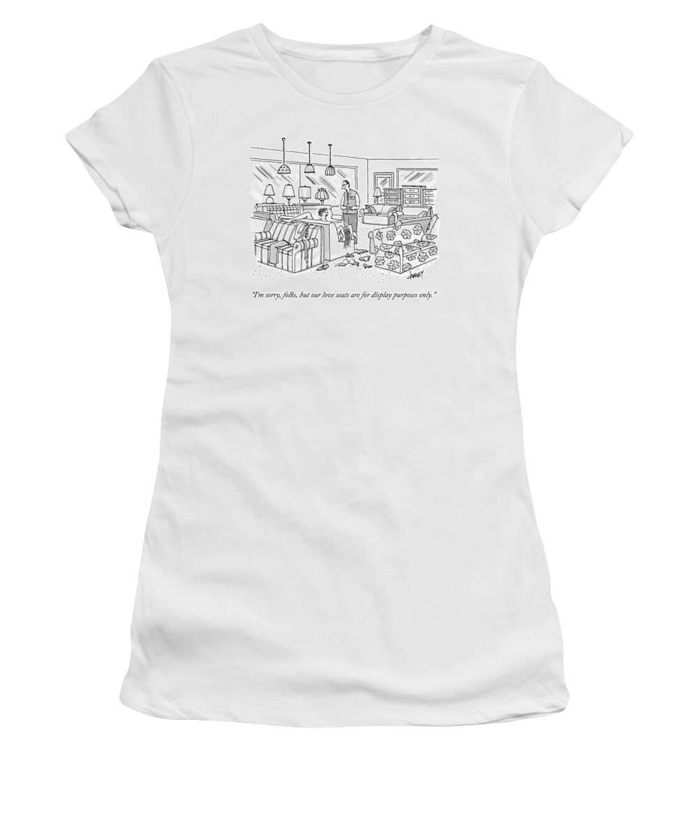 Sex Women's T-Shirt featuring the drawing A Salesperson In A Furniture Store Addresses Two by Tom Cheney