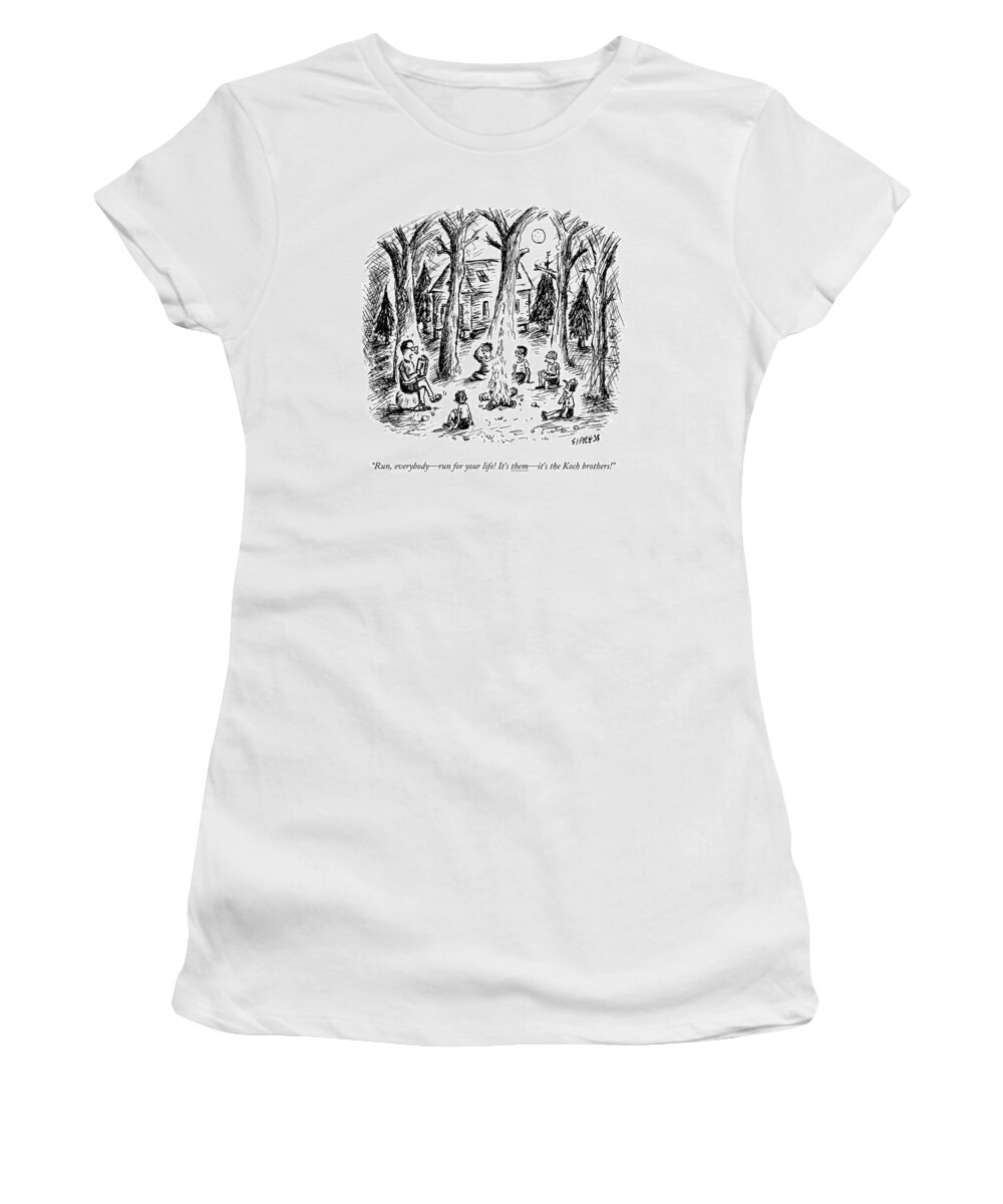 Political Donations Women's T-Shirt featuring the drawing A Scout Leader Tells A Group Of Young Campers by David Sipress
