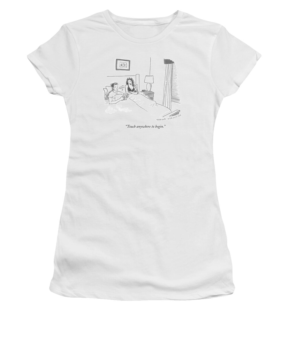 Touch Anywhere To Begin. Women's T-Shirt featuring the drawing A Sexually Frustrated Wife In Bed Speaks by Trevor Spaulding
