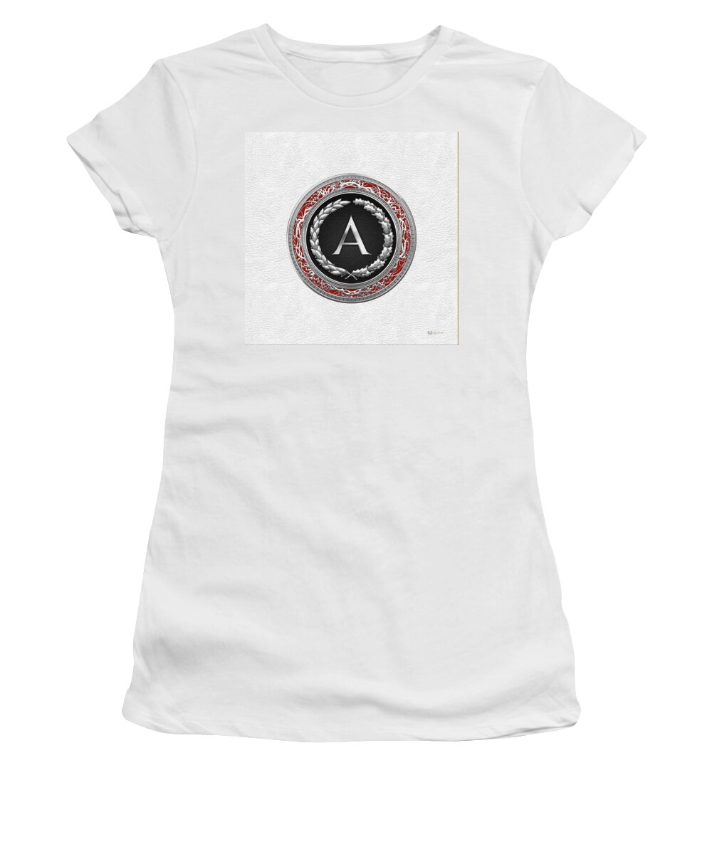 C7 Vintage Monograms 3d Women's T-Shirt featuring the digital art A - Silver Vintage Monogram on White Leather by Serge Averbukh