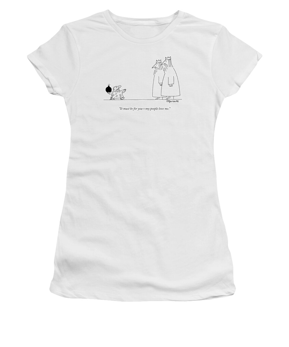 Two Kings Women's T-Shirt featuring the drawing A Small Peasant Approaches Two Kings With A Bomb by Charles Barsotti