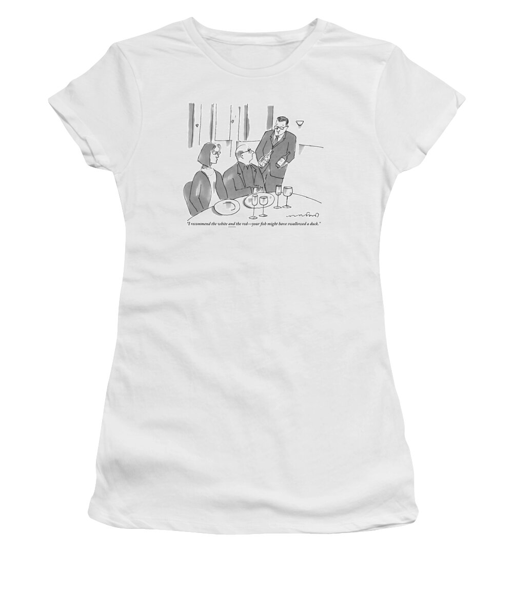 Waiters Women's T-Shirt featuring the drawing A Sommelier Holds Up Two Bottles Of Wine by Michael Crawford