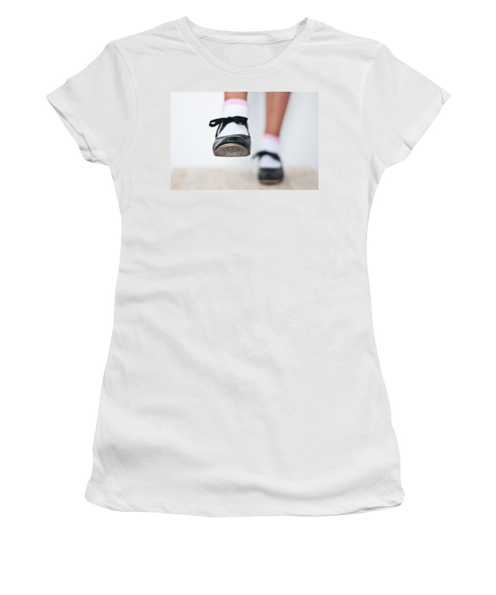 Black Women's T-Shirt featuring the photograph Old Tap dance shoes from dance academy - A step forward tap dance by Pedro Cardona Llambias